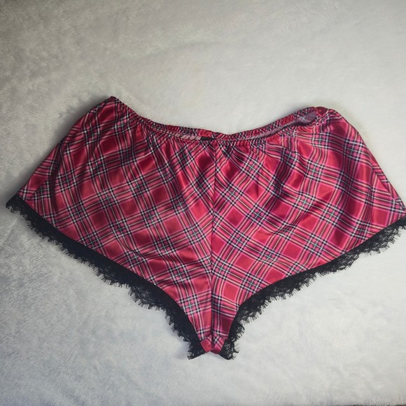 Other - Red Plaid Satin Pajama Shorts with Black Eyelash Lace Trim Sleepwear Loungewear